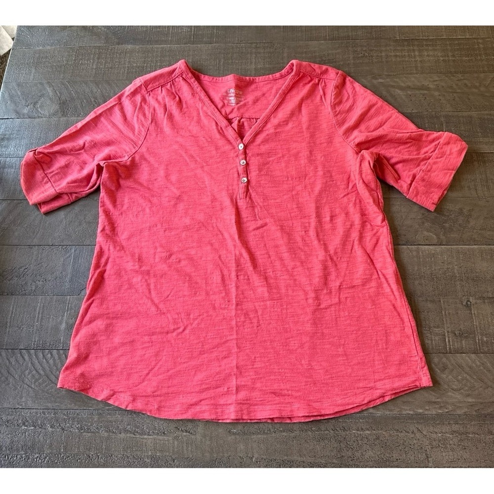 Chico's Women's The Ultimate Tee Pink Short‎ Sleeve V Neck Tee Size 2 (XL)
